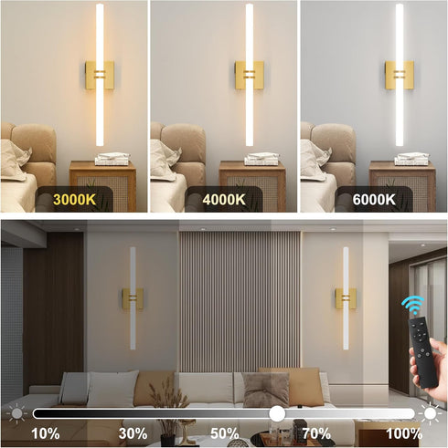 1Pack, Dimmable 22 Inch 3000K-6000K Battery Operated Wall Sconce Gold Rechargeable Wall Lights with Remote Control, LED
