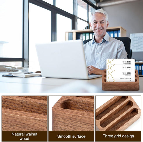 PTMTFYL 2 3 Pcs Walnut Wood Business Card Holder for Desk, Card Slots Wooden Business Card Display Stand, Solid Smooth