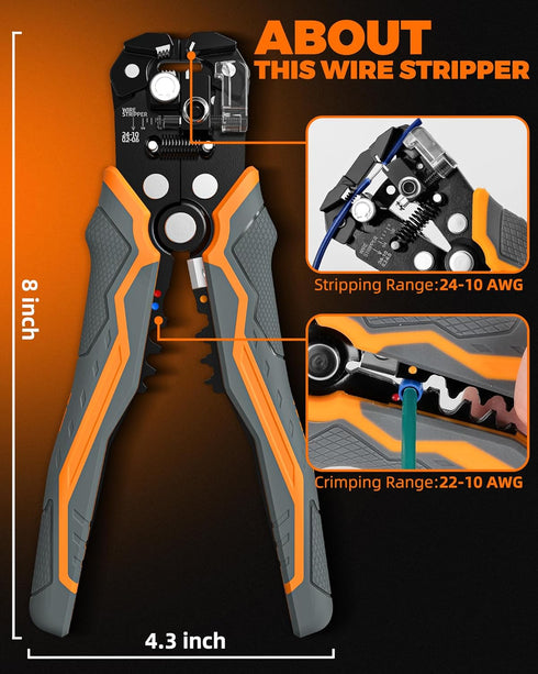 3-In-1 Self Adjusting Wire Stripper Tool, 8 Inch, Stripper/Cutter/Crimping for 10-24 AWG, Blades & Springs Included