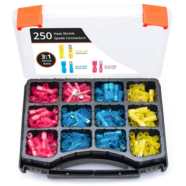 Wirefy 250 PCS Heat Shrink Spade Connector Kit - Male & Female Spade Wire Connectors, 22-10 Gauge