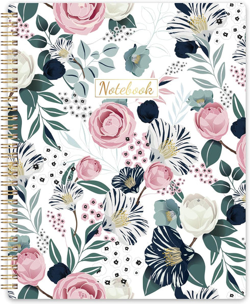 Spiral Notebook, 8.5" x 11", Journal with Thick Paper & Back Pocket, 144 Pages, Twin-Wire Binding, Floral
