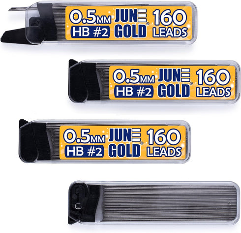 June Gold 640 Pieces, 0.5 mm HB #2 Lead Refills, 160 Pieces Per Dispenser, Break Resistant Lead/Graphite (Pack of 4)