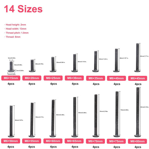 cSeao 114Pcs M6 Crib,14 15mm 80mm Black Flat Head Allen Bolt Joint Connecting Bolts Socket Cap Screws Cap Nuts Kit