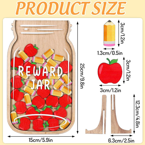 Back to School Wooden Reward Jar Apple Pencil Wooden Cutouts Positive Incentive Behavior Chart with Wooden Base Management Tools for Student Teacher Classroom Supplies, 38Pcs