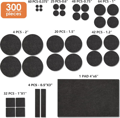 Felt Furniture Pads, 300 Pieces Black Floor Protectors for Hardwood Floors, Chair Legs Furniture Pads