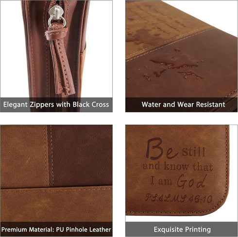 GraduatePro Bible Cover for Men & Women, Large PU Leather Zippered Scripture Bag with Carrying Handle, Psalm 46:10,