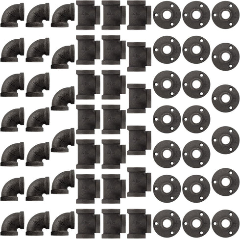 60 Pack 1/2 Inch Cast Iron Pipe Fittings, 20 Elbows, 20 Tees, 20 Flanges, Vintage Style