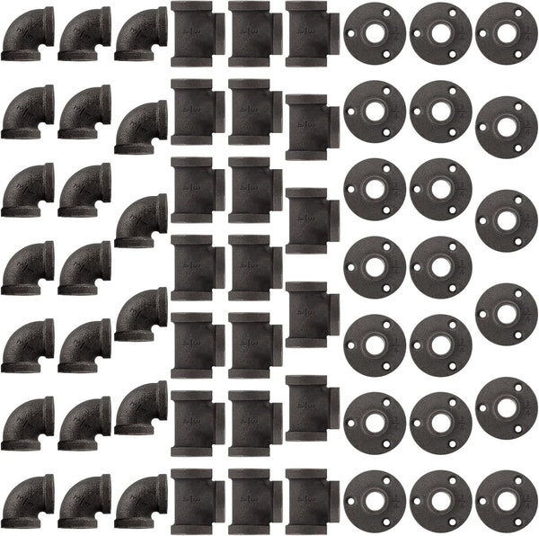 60 Pack 1/2 Inch Cast Iron Pipe Fittings, 20 Elbows, 20 Tees, 20 Flanges, Vintage Style