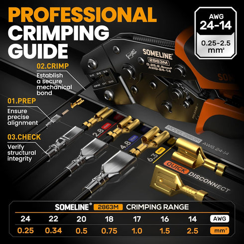 2414 40 2.8/4.8/6.3/7.8 mm SOMELINE Spade Connector Crimping Tool Kit AWG, Types Quick Disconnect Non-Insulated