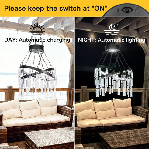 5ft 1 Solar Hanging Crystal Chandelier Outdoor Garden Decorative Lights Bright White LED Strip Waterproof Hanging