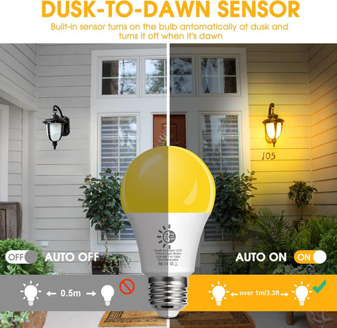 Bulbs 60W Bulb 9W 2000K A19 2 Pack Flaspar Dusk to Dawn LED Yellow Bug Light Outdoor Equivalent, Amber Yellow Bug Light