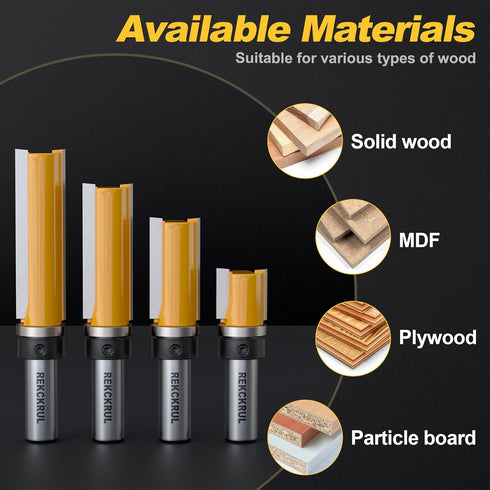 Set, 1/2 Inch Trimming, 1-1/2" Pattern Flush Trim Router Bits Shank Top Bearing, Carbide Tipped Woodworking Router Bits