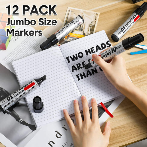 Teling Jumbo Size Permanent Markers - 12 Pcs Bulk Chisel Tip Big Marker Pens for Industrial Use