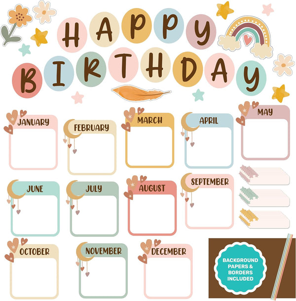 Decorably 97 Pcs Boho Birthday Chart for Classroom with Borders - Birthday Bulletin Board Decorations for Happy Birthday