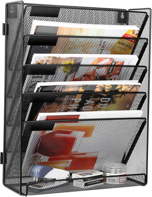 EasyPAG 5 Tier Mesh Office Organizer, Wall Mounted File Holder, Vertical Hanging Paper File Rack with White Label