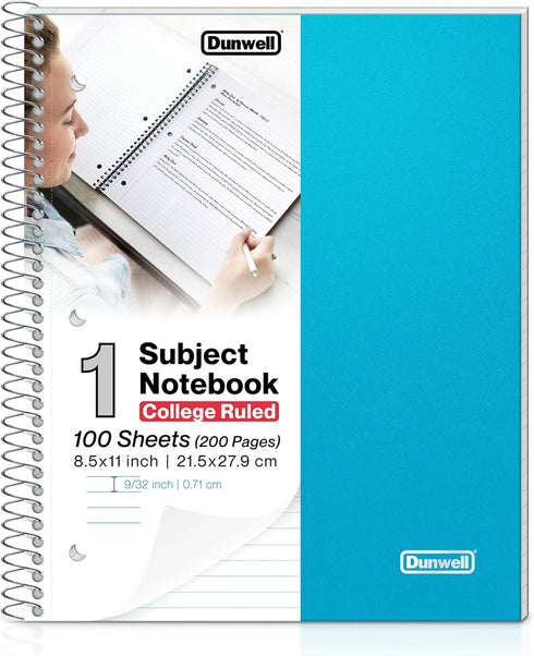 Dunwell 1 Subject Spiral Notebook, 8.5 x 11, Blue Plastic Cover, College Ruled, 100 Sheets, Perforated Paper, 2 Inner