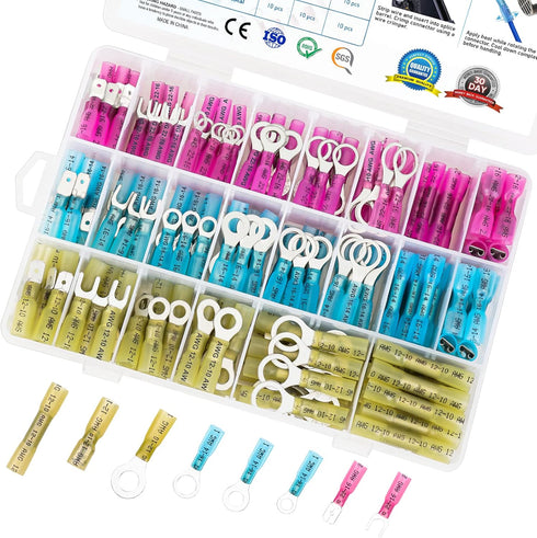 TICONN 250Pcs Heat Shrink Wire Connectors Kit, Waterproof Automotive Marine Electrical Terminals, Crimp Connector