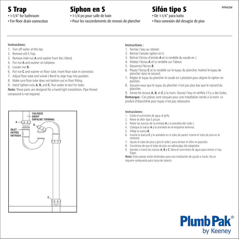Plumb Pak PP943W S-Trap, 1-1/4 in, Plastic