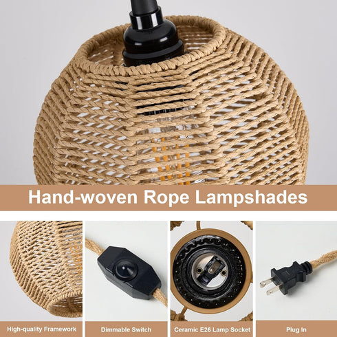 15ft Dimmable Plug in Pendant Light with Cord Switch Rattan Hanging Lamp with Hand Woven Wicker Plug in Chandelier Boho