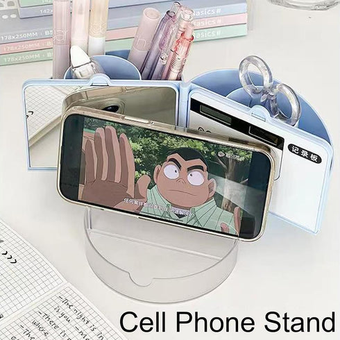 Pencil Pen Holder for Desk with Calculator, Mirror, 7 Slots, 180° Opening, Desktop Storage for Office, School, Home