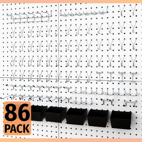 HUHOLE 86PC Pegboard Hooks Assortment with Bins, Garage Tool Organizer, Fits 1/8 Inch and 1/4 Inch Pegboard