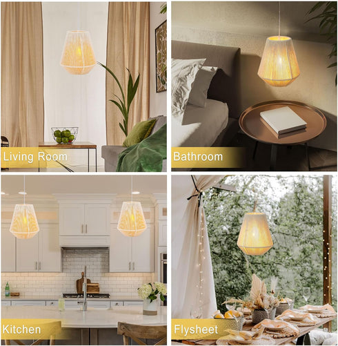 8" 6 JHY DESIGN Battery Powered Hanging Lamp H Braided Cotton Rope Decorative Pendant Lamp Battery Lamp with Hours