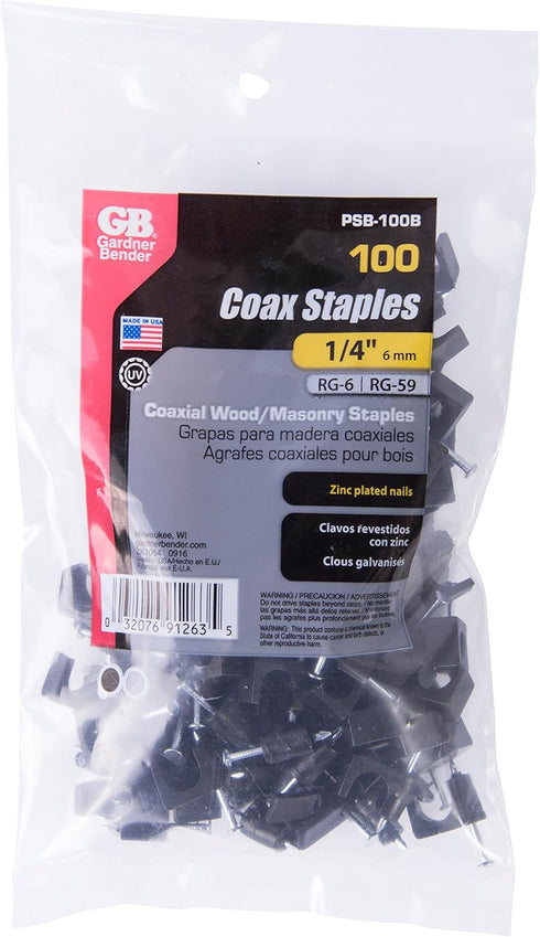 Gardner Bender PSB-100B Low-Voltage Cable Staple, CAT6, RG-59, RG-6, 1/4", Black