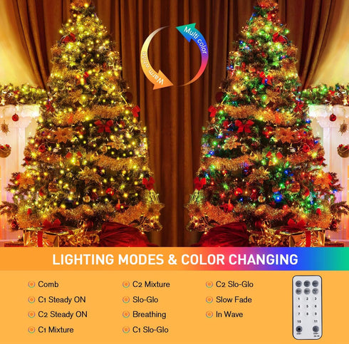 33ft 100 JMEXSUSS LED Color Changing String Lights Plug in, Warm White & Multicolor Christmas Tree Lights Indoor