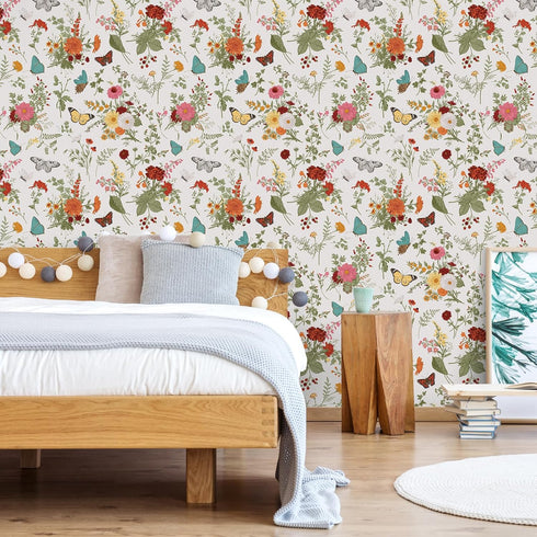 17.7''x354'' VEELIKE Herbs Floral Wallpaper Stick and Peel Vintage Butterflies Marigolds Contact Paper for Walls