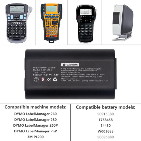 Dymo LI-ion Battery 7.4v 650mah - Compatible with LabelManager 280, 260, 260P, PnP, 3M P200, 14430 W003688 S0895880