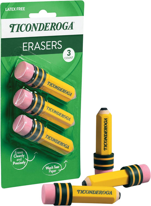 Erasers, Pencil Shaped, Latex-Free, Yellow, 3-Pack (38953) TICONDEROGA