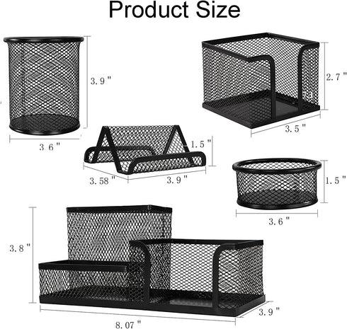 Mesh Pen Holder for Desk, 5 Pieces Desk Organizer Office Supplies Caddy with Sticky Notes Holder for Home, School, Black