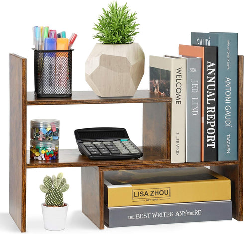 Expandable Wood Desktop Bookshelf Organizer, Office Storage Rack, Natural Stand for Supplies and Display