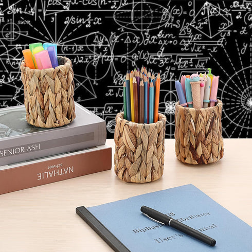BTSKY 3 Pack Water Hyacinth Pencil Holder, Handmade Wicker Pen Cup for Makeup Brushes and Office Accessories
