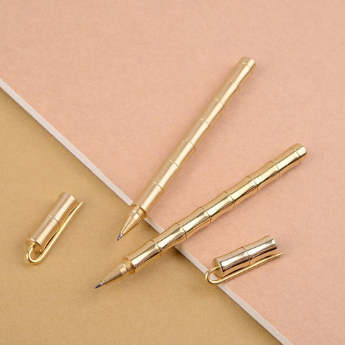 Bamboo Joint Brass Pen, Portable Delicate Signature Ballpoint Pen with Clip