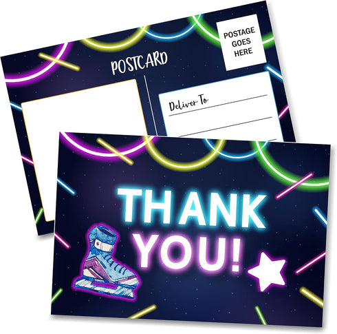 Disfuco Birthday Thank You Postcards, Neon Roller Skating Thank You Cards for Kids