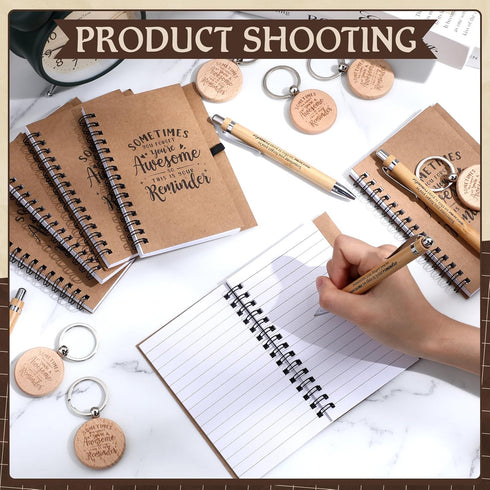 Cholemy 90 Pcs Employee Appreciation Gifts, Retractable Motivational Bamboo Pens, Kraft Notebooks with Keychain