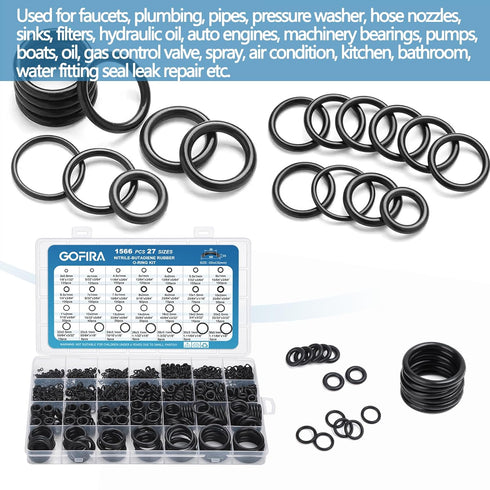 1566Pcs O-Ring Seal Kit, 27 Varieties in Nitrile Rubber for Automotive, Plumbing, Air & Water Fitting Leak Repair