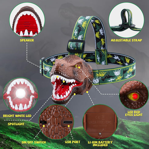 Dinosaur Headlamp for Kids Flashlight Rechargeable Led Headlights Roar & Silent Mode, T-Rex Dinosaur Toys, Camping Gear, Gifts for Boys Girls Adults by Nitigo