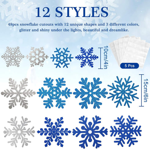 Whaline Snowflake Cut-Outs - 48Pcs Glitter Blue Silver Double-Sided Holiday Cut-Outs with Glue Point for Winter