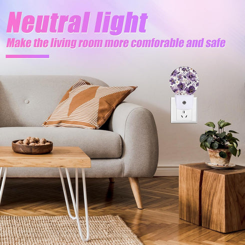 GANTINIR Purple Flower Night Light Watercolor Floral Night Lights LED Lamp Round Plug into Wall Nightlight with Dusk