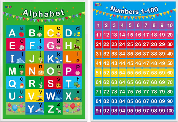 SpriteGru Educational Posters for Toddlers, Alphabet and Numbers 1-100, 2 Laminated, 16x12 inch