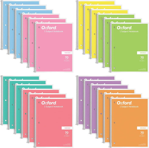 Oxford Spiral Notebook Wide Ruled, 24 Pack 1 Subject Notebooks, 8 x 10-1/2 Inch, 70 Sheets in 8 Pastel Colors