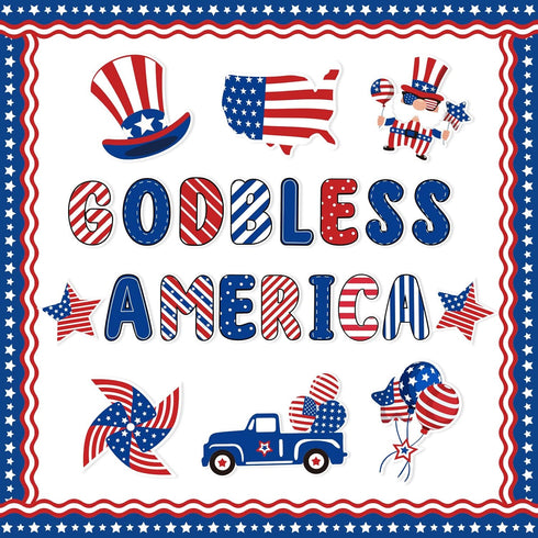 Whaline 95Pcs Patriotic Classroom Bulletin Board Decoration Kit God Bless America Cartoon 4th of July Cutouts for Decor
