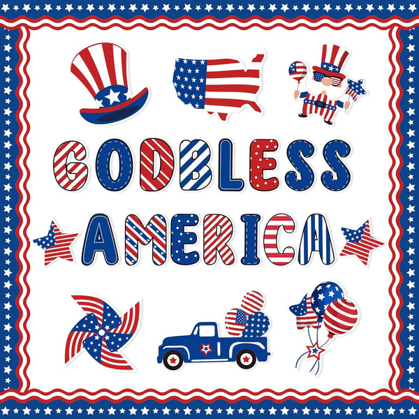 Whaline 95Pcs Patriotic Classroom Bulletin Board Decoration Kit God Bless America Cartoon 4th of July Cutouts for Decor