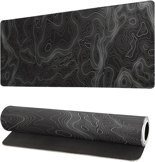 Topographic Contour Extended Big Mouse Pad, 27.6x11.8 Inch Gaming Desk Pad with Non-Slip Base and Stitched Edge