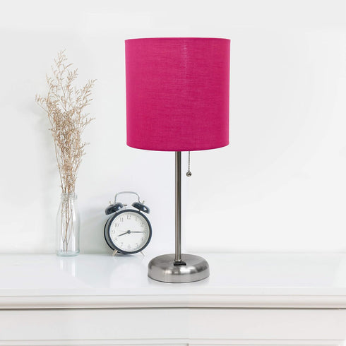 LC2001-PNK-2PK Set 2 Pack Set Simple Designs Brushed Steel Stick Table Lamp with Charging Outlet and Pink Fabric