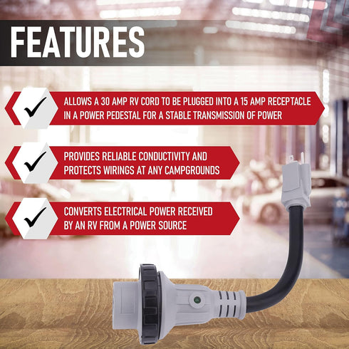 AA Ignition 15 Amp to 30 Amp RV Adapter 12 Inch - 5-15P Male to L5-30R Female - 125V/3750W Dogbone Electrical Converter Plug w/Twist Lock, LED Indicator - RV, Travel Trailers, Camper Vans, Caravan by AA Ignition