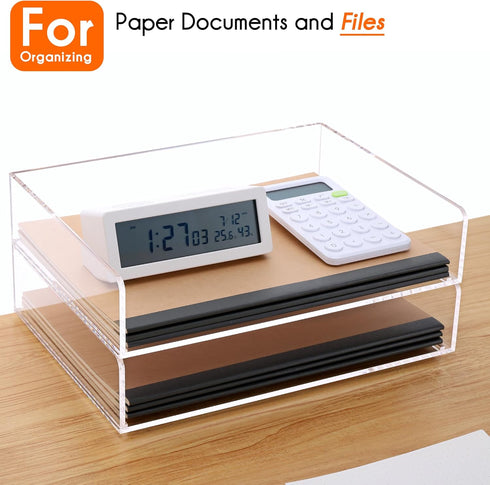 Paper Letter Tray Organizer, Acrylic Stackable Desk Organizer for Office Supplies, 2 Tier Clear Tray for Files and