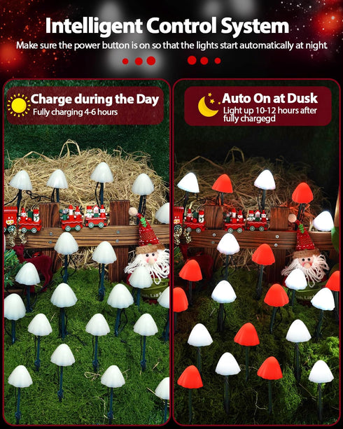 OZS 2PK 32LED 55FT 8 Red and White Christmas Decorations Mushroom Solar Lights, Christmas Lights Outdoor with Lighting